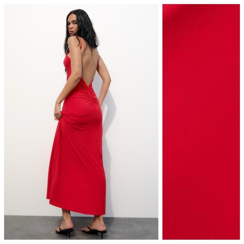 NWT. Zara Intense Red Draped Lingerie-Style Midi Dress. Size S. - Picture 4 of 14